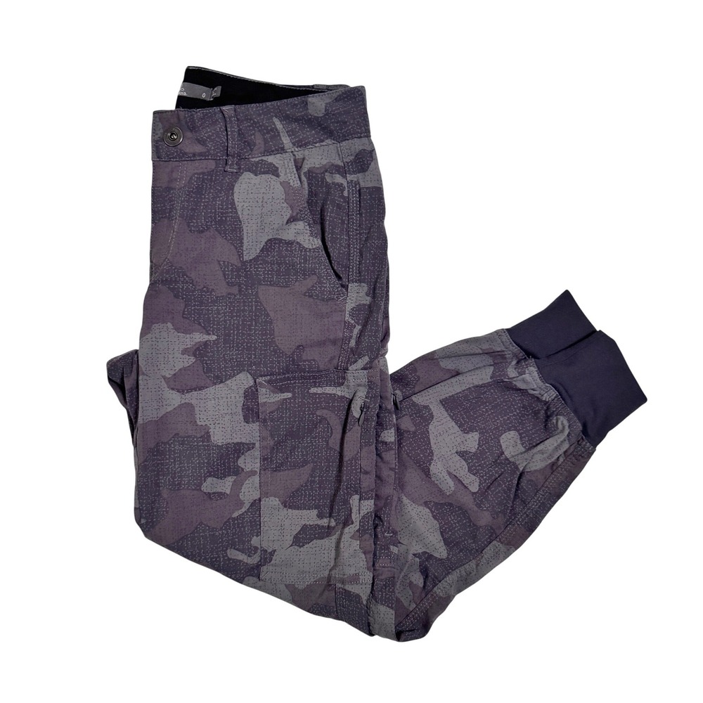 PrAna Sky Cannon Cargo Jogger Pants Size 0 Grey Camo Outdoor UPF 50 DWR Hiking